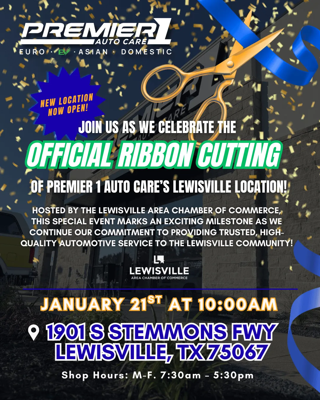 Premier 1 Auto Care Lewisville ribbon cutting announcement.